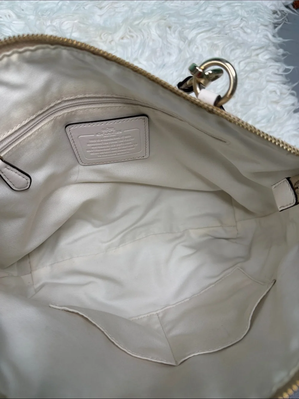 Authentic Coach Beige Canvas Signature Satchel with White Trim